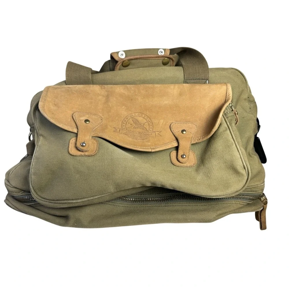 Vintage Eddie Bauer Army Green Safari Canvas Leather Duffle Shoulder Utility Bag